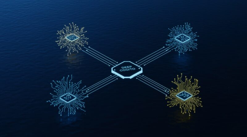 Ilustração em estilo história em quadrinhos: mergulhador flutua em água verde sobre baú com placas de circuito luminosas, simbolizando a descoberta de novos horizontes na inteligência artificial por meio dos modelos da Deep Cogito