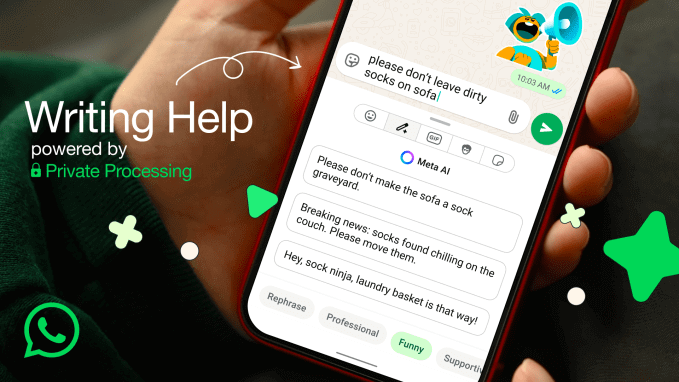 Recurso de IA do WhatsApp ajusta o tom de mensagens 4 recurso de IA do WhatsApp: Captura de tela do WhatsApp Writing Help exibindo sugestões engraçadas para reescrever uma mensagem