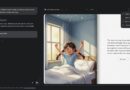 Ilustração representando novos livros personalizados do Gemini: uma criança lê ao lado de desenhos coloridos, simbolizando histórias únicas. Livro ilustrado, IA, app Gemini, Google