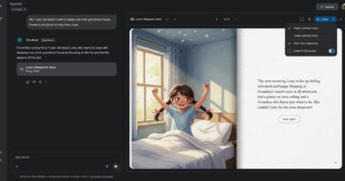 Livros ilustrados Gemini: crie histórias personalizadas com IA 3 Ilustração representando novos livros personalizados do Gemini: uma criança lê ao lado de desenhos coloridos, simbolizando histórias únicas. Livro ilustrado, IA, app Gemini, Google