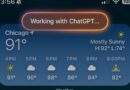 Interface do iOS exibindo 'Trabalhando com ChatGPT' – integração GPT-5 Apple.