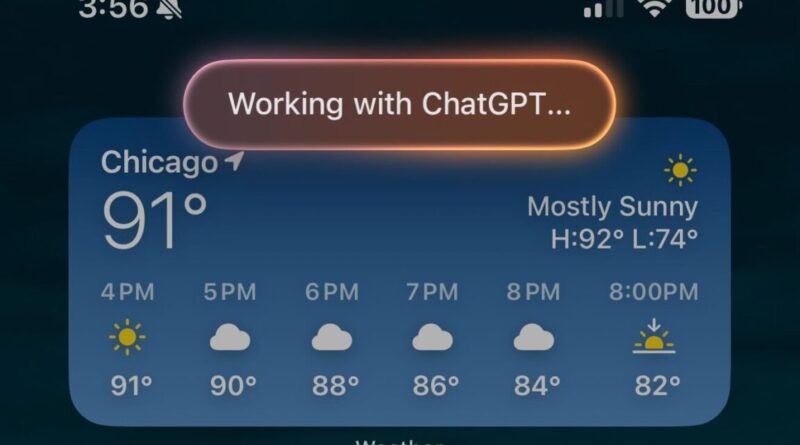 Interface do iOS exibindo 'Trabalhando com ChatGPT' – integração GPT-5 Apple.