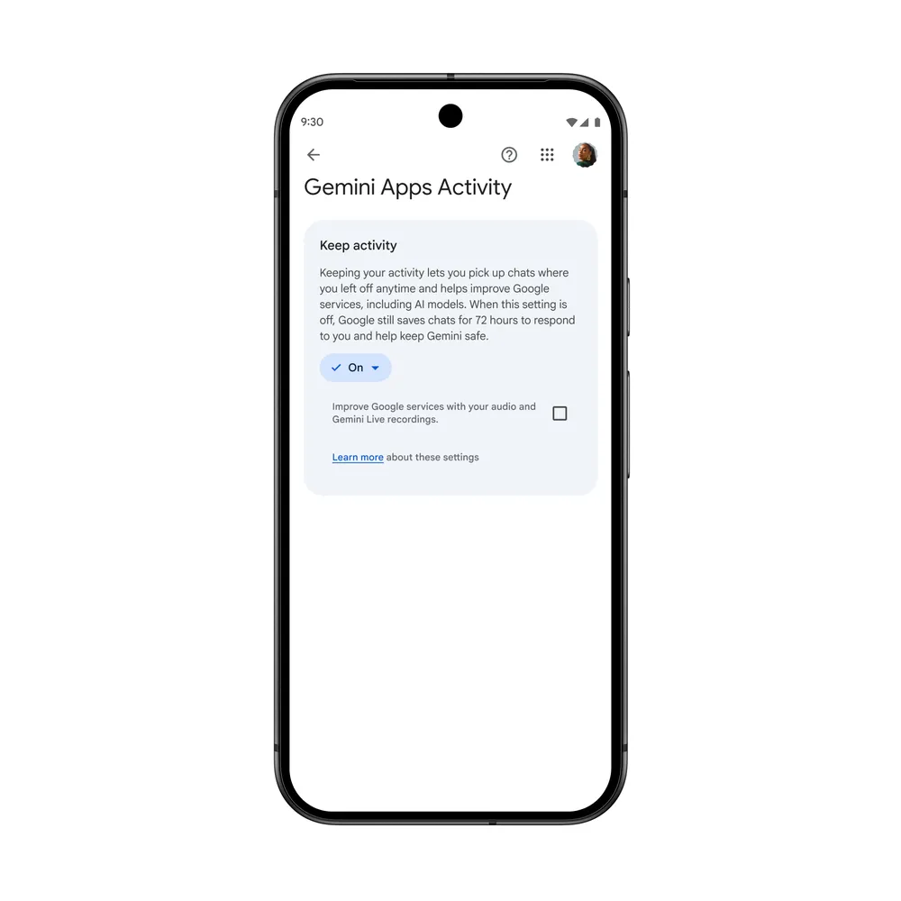 Gemini: chats temporários aprimoram privacidade e personalização 7 Tela das configurações de atividade do aplicativo Gemini em um smartphone, com a opção 'Manter atividade' ativada e gravações de áudio desativadas