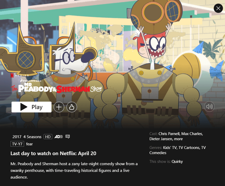 DreamWorks na Netflix: datas de saída e futuro do catálogo 5 Mr. Peabody e Sherman, animação DreamWorks, exibe mensagem de última chance na Netflix antes de ser removida.