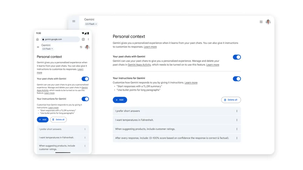 Gemini: chats temporários aprimoram privacidade e personalização 5 Comparação lado a lado das configurações de contexto pessoal do Gemini em um smartphone e navegador desktop, exibindo opções de personalização