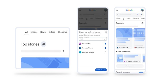 Google lança Fontes Preferidas para personalizar notícias 3 Exemplo do painel que exibe fontes preferidas, instruindo o usuário a selecionar sites para personalizar resultados de busca