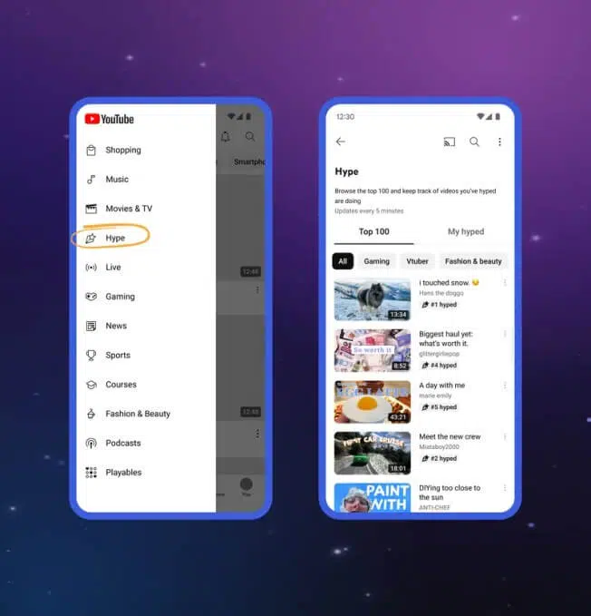 YouTube Hype é lançado globalmente para criadores 4 Tela do YouTube mostrando o ranking Hype no menu Explorar, com vídeos impulsionados por fãs