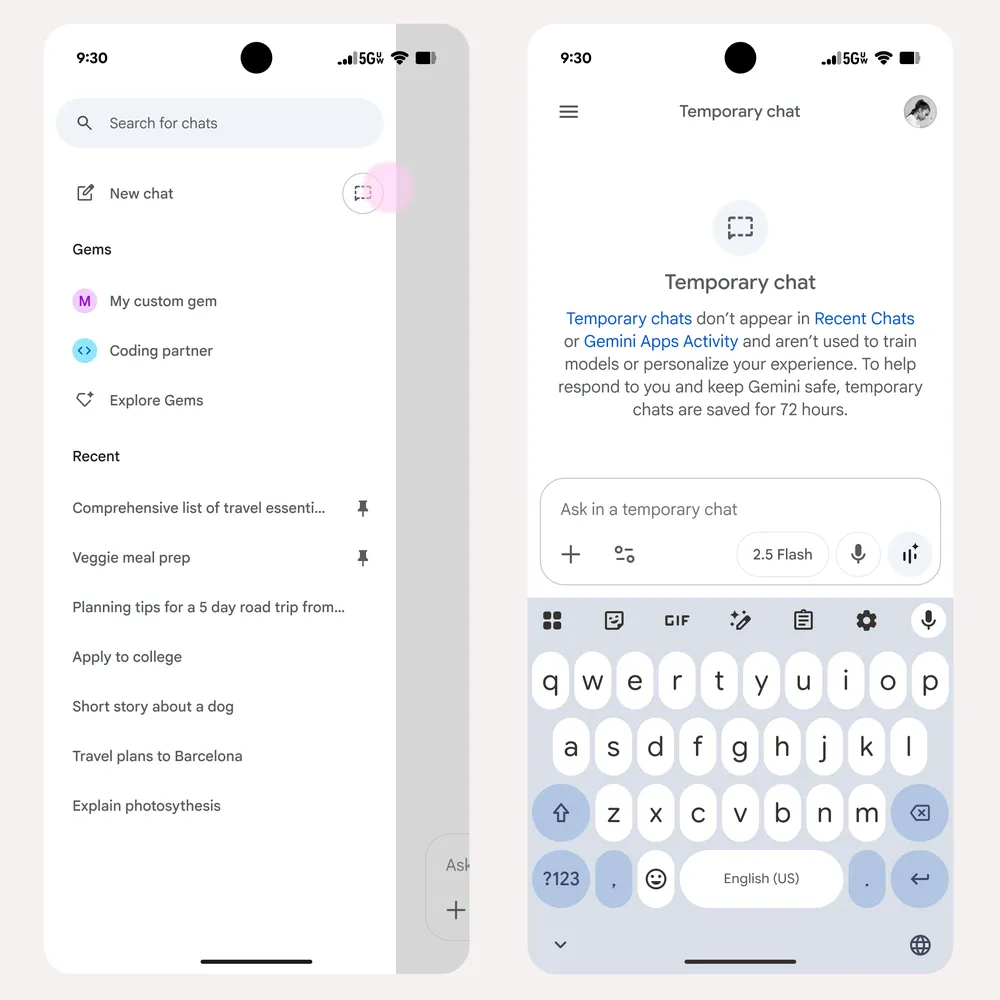 Gemini: chats temporários aprimoram privacidade e personalização 6 Dois prints do aplicativo Gemini em celulares mostrando como iniciar um chat temporário privado a partir da lista principal de conversas
