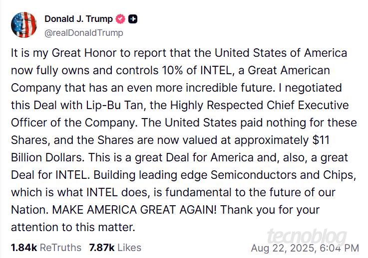 Governo dos EUA compra 9,9% da Intel e impacta setor de chips 4 Presidente Donald Trump comemorando acordo entre governo dos EUA e Intel