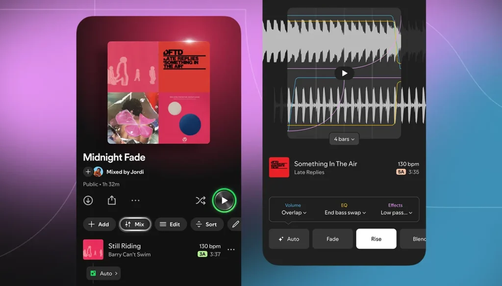 Duas telas do Spotify mostrando funções de mixagem: playlist e visualização técnica com buttons e bpm
