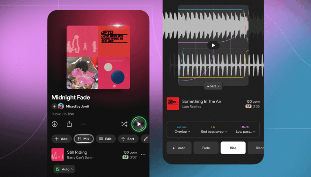 Spotify lança função para mixar músicas nas playlists 5 Duas telas do Spotify mostrando funções de mixagem: playlist e visualização técnica com buttons e bpm