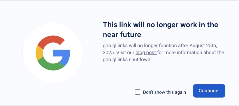 Google manterá links do goo.gl em 2025 sob condição 3 Aviso de descontinuação dos links do goo.gl exibido na tela; goo.gl será mantido para links com acessos recentes em 2024.
