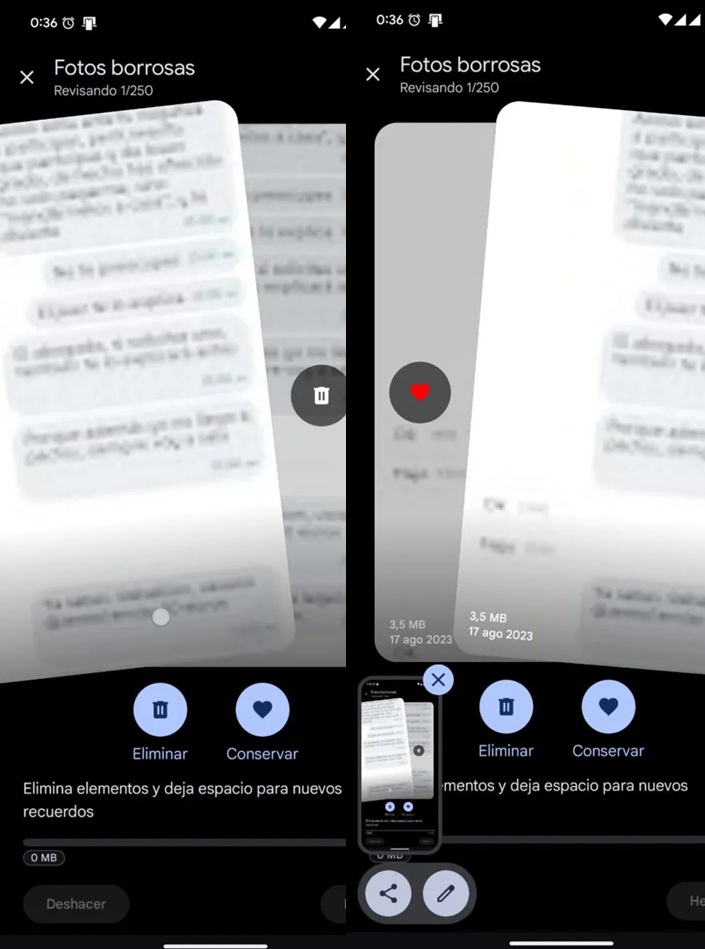 Google Fotos testa função deslizar tipo Tinder para excluir fotos 3 Captura de tela exibe interface da nova função de deslizar no Google Fotos, com botões de apagar para esquerda e manter para direita, similar ao Tinder.