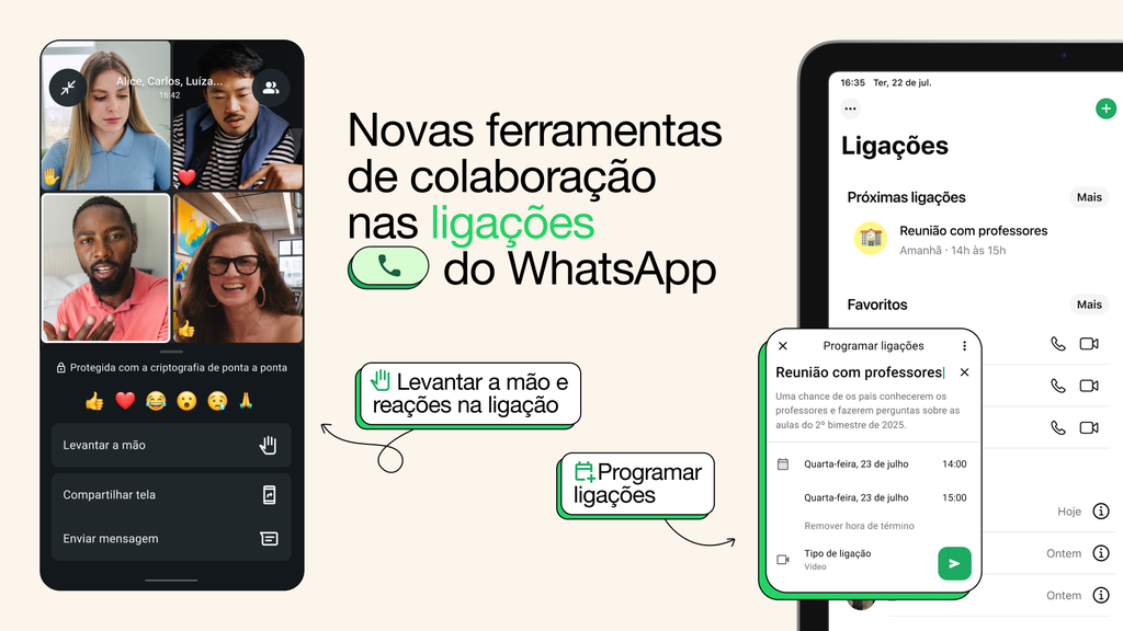WhatsApp lança agendar chamadas e levantar a mão para todos 3 WhatsApp ganha opção para agendar chamadas (Imagem: Divulgação/Meta)