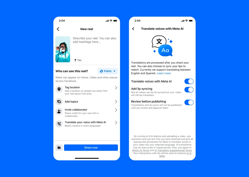 Captura de tela mostra duas telas do Facebook. À esquerda, a tela “New reel” exibe opções como “Tag location”, “Add topics”, “Invite collaborator” e “Translate your voice with Meta AI”, além do botão “Share now”. À direita, a tela “Translate voices with Meta AI” traz explicações em inglês e botões para ativar “Translate voices with Meta AI”, “Add lip syncing” e “Review before publishing”.