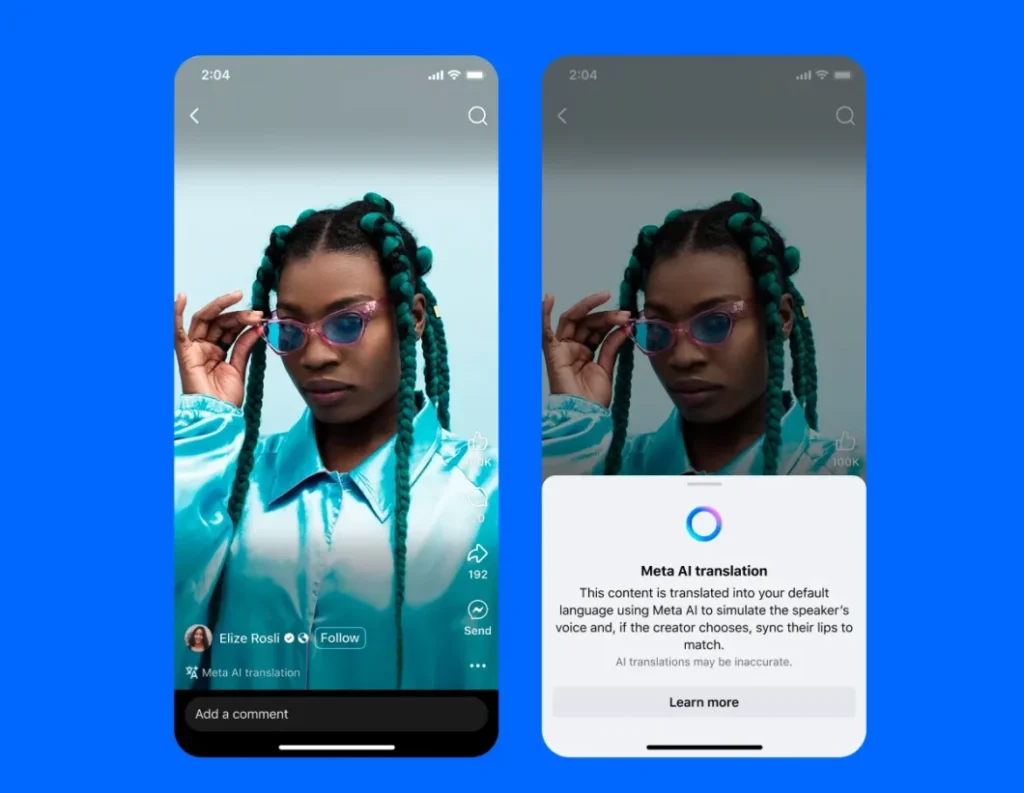 Instagram e Facebook: dublagem automática de Reels 4 Captura de tela mostra duas versões de um reel no Facebook com uma mulher de tranças verdes e óculos rosas. À esquerda, aparece o perfil “Elize Rosli” e o selo “Meta AI translation”. À direita, surge um aviso com o texto: “Meta AI translation — This content is translated into your default language using Meta AI to simulate the speaker’s voice…”. Há também o botão “Learn more”.