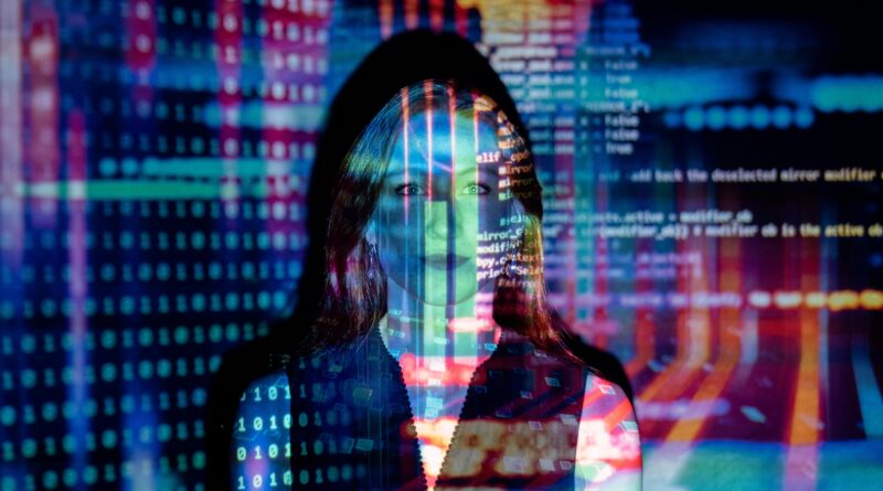 A woman with digital code projections on her face, representing technology and future concepts.