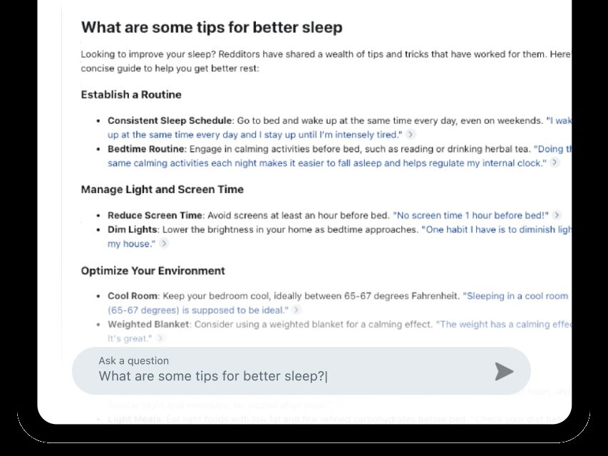 Interface do Reddit Answers ( Reddit buscador ) exibindo dicas e resumos baseados em debates reais, evidenciando como a IA da plataforma incorpora conhecimento da comunidade.