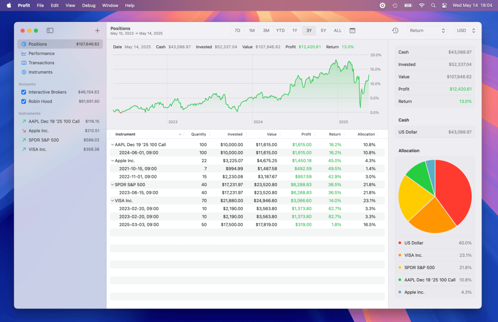 Profit: rastreador de investimentos para iPhone e Mac 3 Tela do Profit no macOS com lista de posições, métricas de P/L e distribuição do portfólio