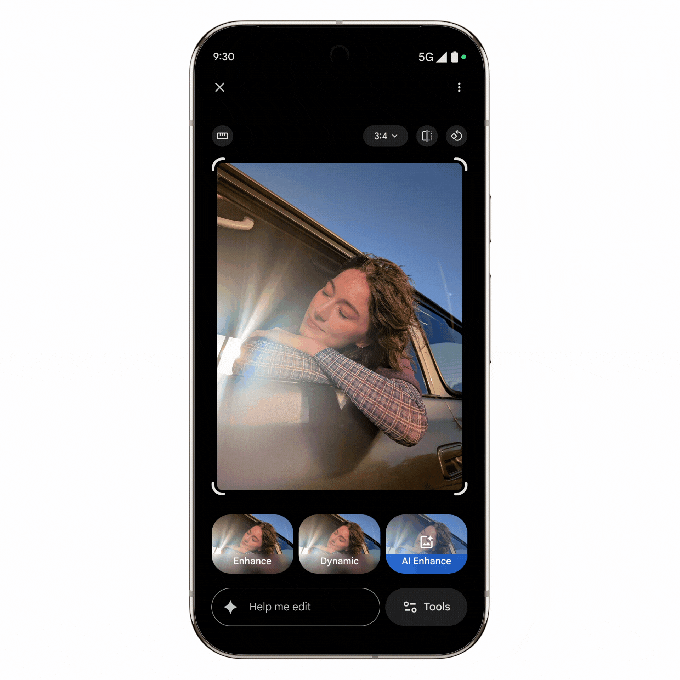 Animação de edição automática no Google Fotos ajustando iluminação e removendo itens