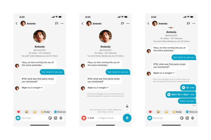 TikTok libera notas de voz e imagens nas mensagens diretas 3 Tela do TikTok exibindo envio de fotos e vídeos nas mensagens diretas