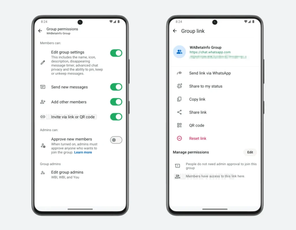 WhatsApp muda convites e facilita entrada em grupos 3 Dois prints do WhatsApp no Android mostram a nova função para membros convidarem pessoas a grupos. Na tela, opções para ativar convite por link ou QR code e compartilhar pelos principais recursos do app.
