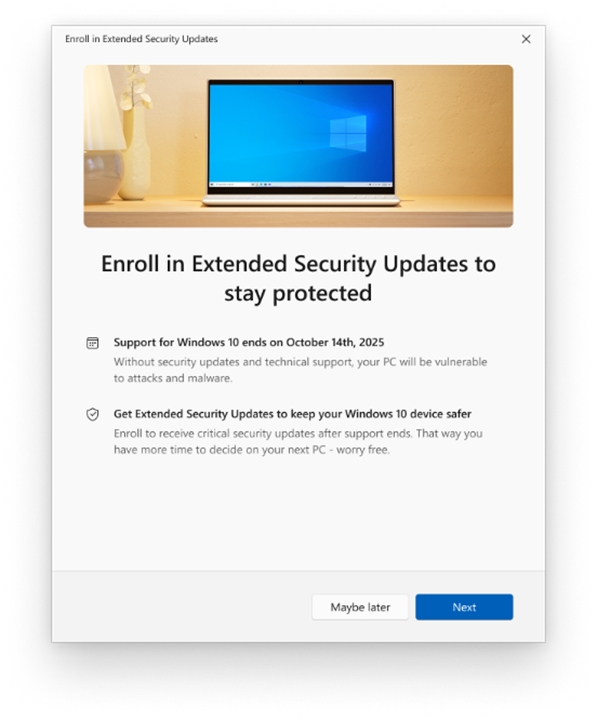 Windows 10: suporte estendido disponível para até 10 PCs em 2025 3 Captura de tela do assistente para suporte estendido do Windows 10, exemplificando como o usuário poderá ativar a extensão de segurança