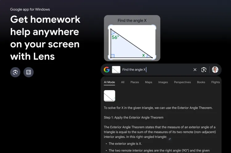 aplicativo de busca do Google para Windows com Google Lens integrado para recortes e tradução