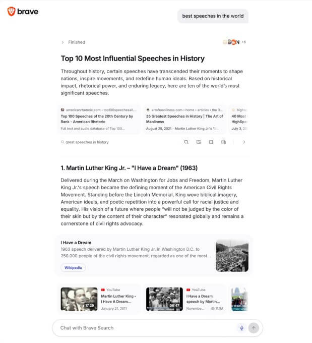 Brave lança respostas detalhadas na busca com IA 5 Interface do Ask Brave exibindo resposta longa com links, carrossel de imagens e cards de conteúdo