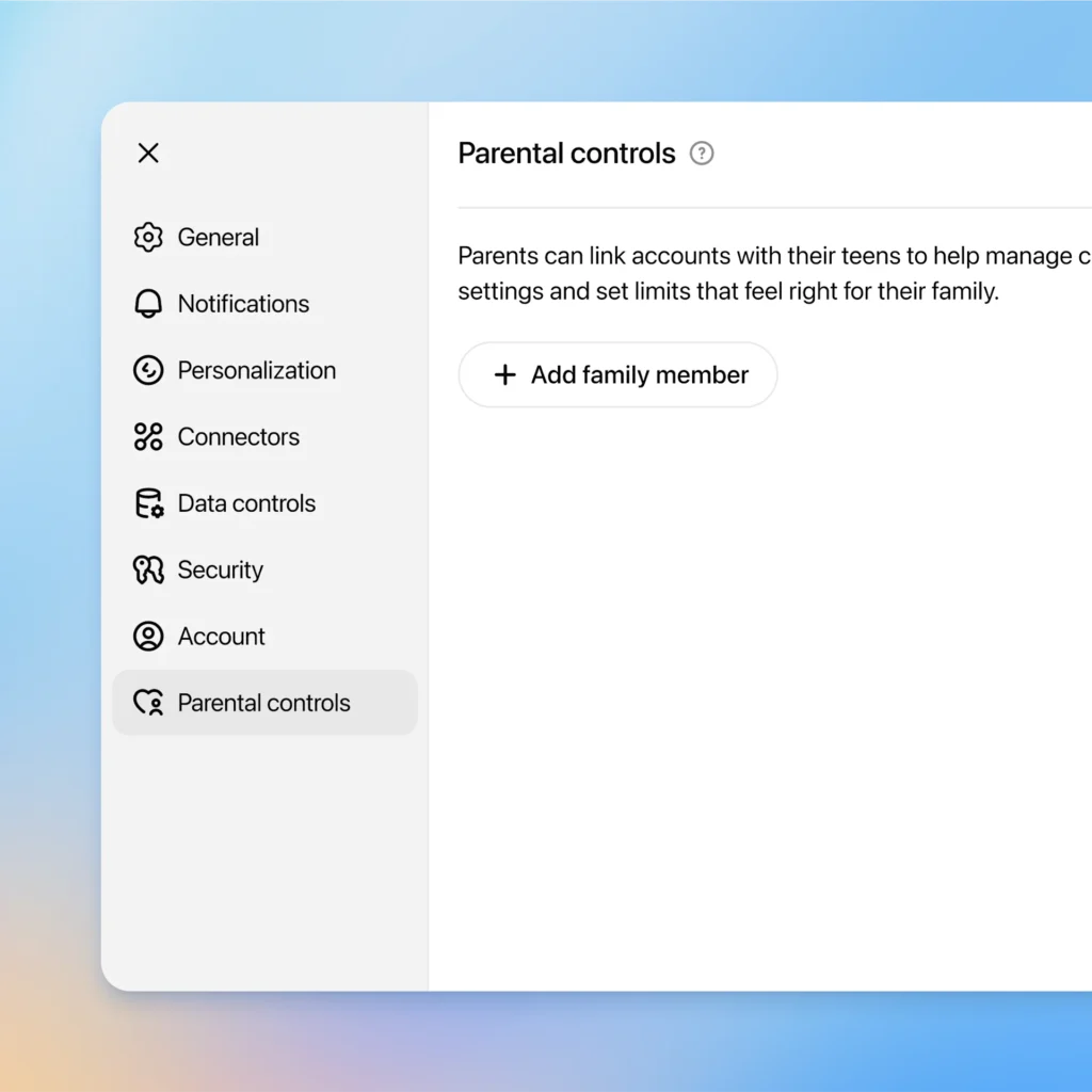 Controle parental no ChatGPT é lançado pela OpenAI 7 Painel do controle parental do ChatGPT mostrando opções de bloqueio de horário, restrição de conteúdo e desativação de recursos
