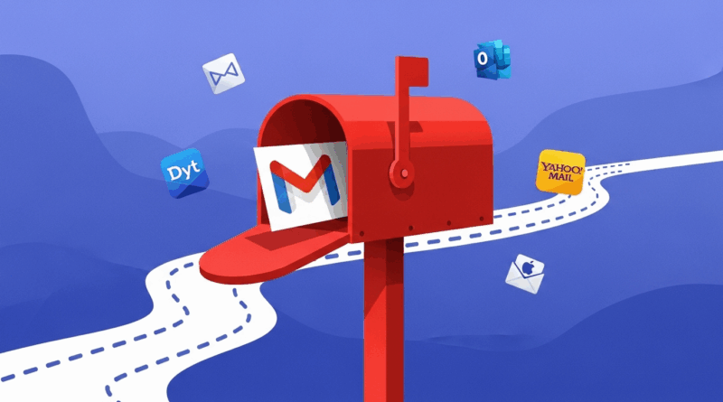 Caixa de correio vermelha com o logo do Gmail e ícones de add-ons flutuando; conceito de extensões do Gmail para produtividade
