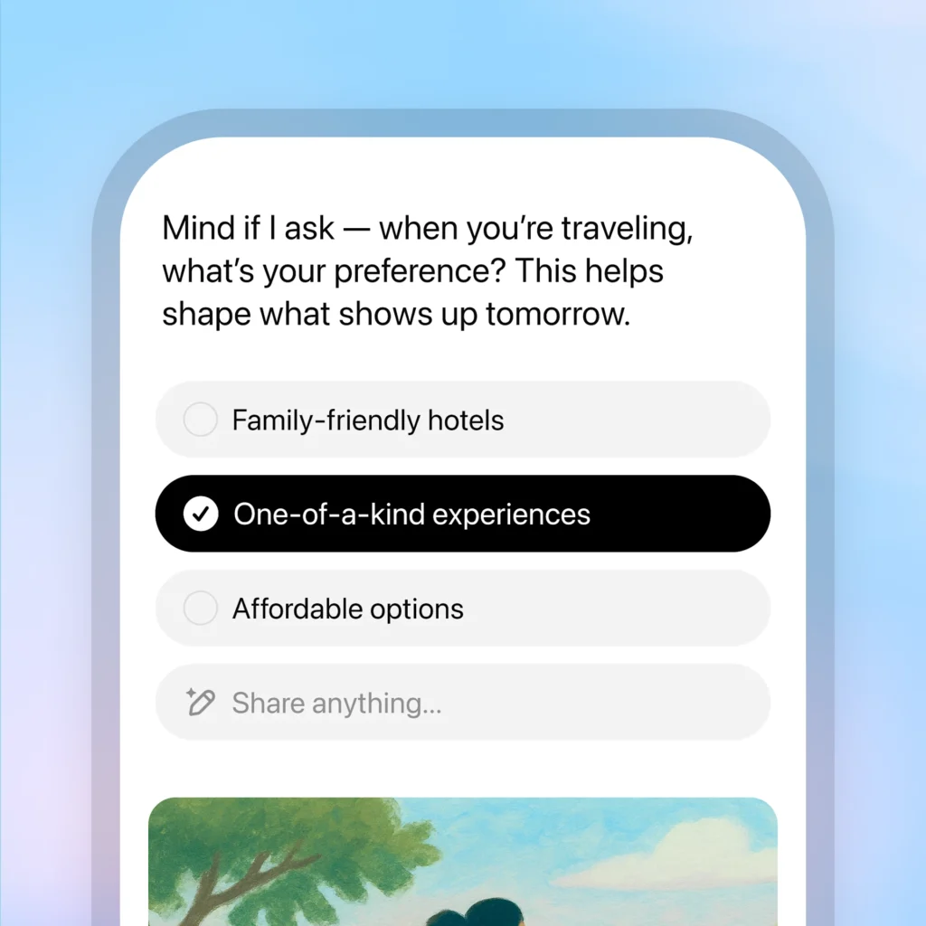 ChatGPT Pulse antecipa tarefas e pesquisa por você 3 A interface do chatgpt Pulse mostra uma pequena ilustração quadrada de um avião verde sobrevoando um prédio colorido contra um céu azul. Abaixo, o texto: "Pulso de hoje. Dicas de viagem para Londres e algumas novas ideias para corrida de trilha."