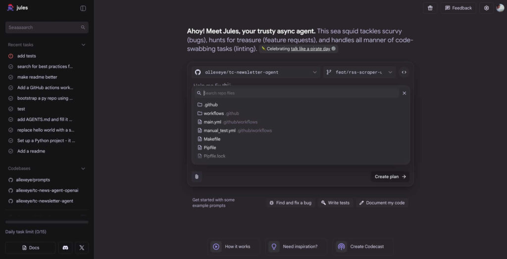 Jules do Google ganha memória e seletor de arquivos 4 Interface do Jules do Google com seletor de arquivos e busca por repositório