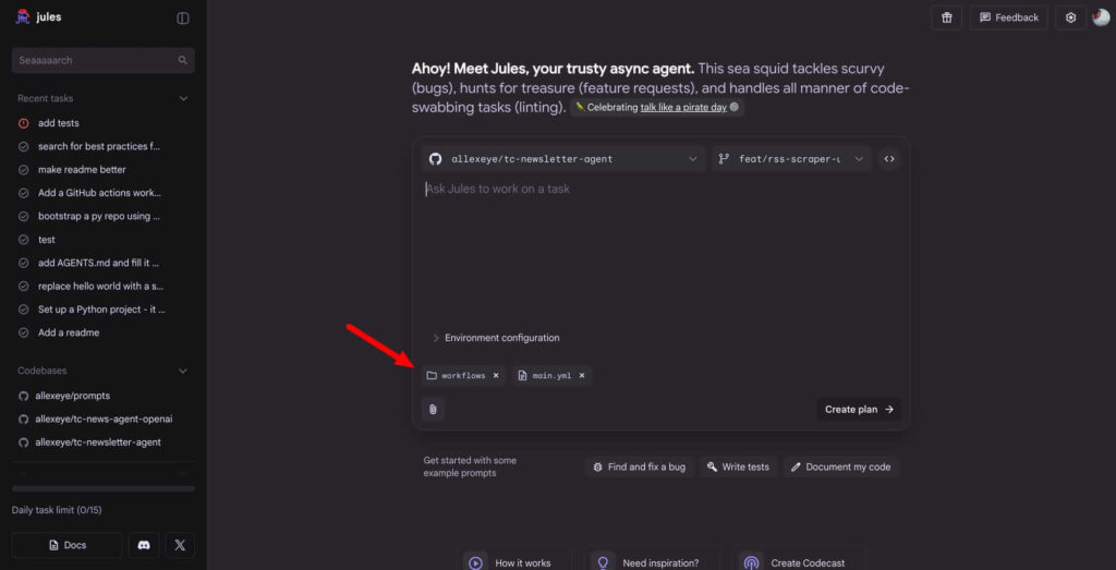 Jules do Google ganha memória e seletor de arquivos 5 Jules do Google exibindo contexto de repositório e anexos de arquivos