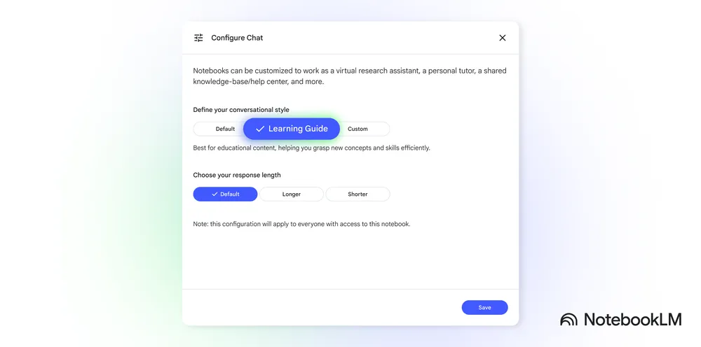 NotebookLM: 6 formas de dominar qualquer matéria 4 Menu de configuração do chat do NotebookLM com Learning Guide selecionado