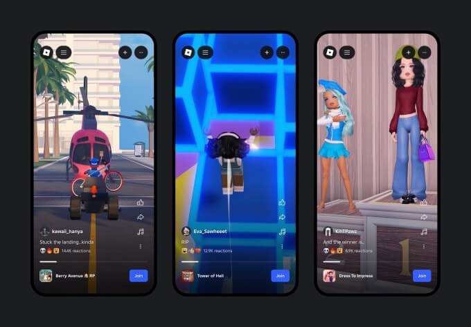 Roblox Moments: feed de vídeos curtos e novas IAs 4 Exemplos do Roblox Moments com feed de vídeos curtos e destaques de gameplay