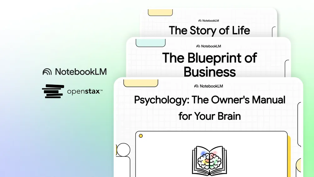 NotebookLM: 6 formas de dominar qualquer matéria 5 Logos do NotebookLM e OpenStax ao lado de cadernos de estudo