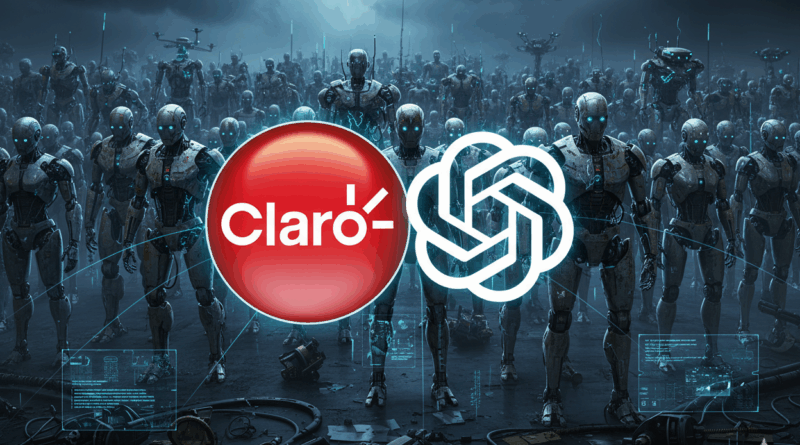 Parceria Claro e ChatGPT no Brasil: logos lado a lado sobre fundo em gradiente, indicando integração do ChatGPT ao Extra Play e oferta de ChatGPT Plus para clientes da operadora