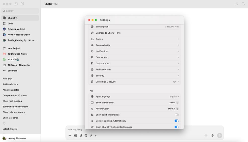 Orders no ChatGPT: checkout nativo e rastreio 5 Tela de configurações do ChatGPT com sinais da seção Orders