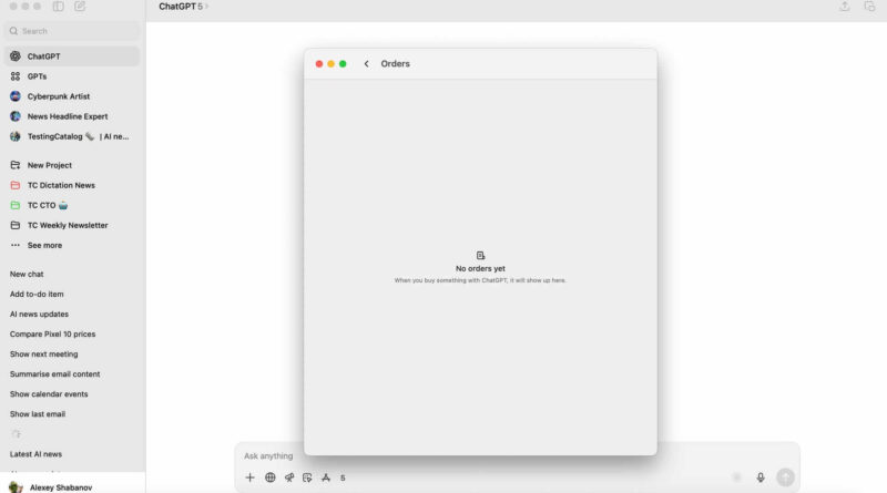 Orders no ChatGPT: checkout nativo e rastreio 3 Captura do ChatGPT exibindo Orders no ChatGPT e opções de checkout nativo