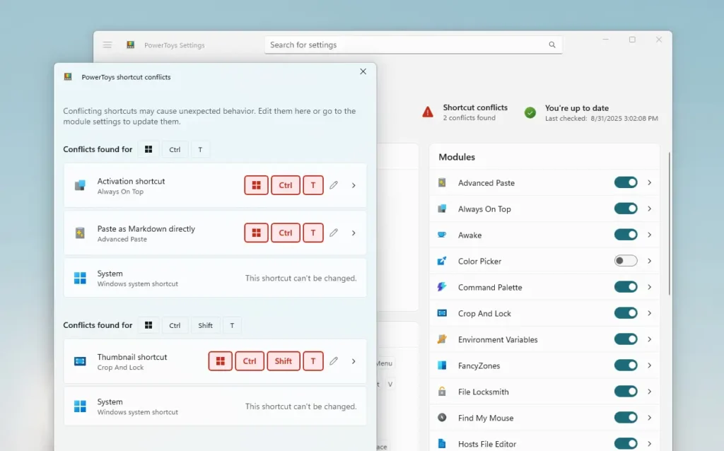 Tela do PowerToys mostra detector de conflitos de atalhos no Windows 11 indicando combinações em vermelho
