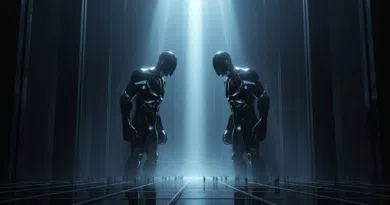 ilustração mostrando uma cena em um salão vasto e escuro. No centro, dois colossos idênticos de obsidiana polida, frente a frente. Estes colossos representam o GPT-5 e o GPT-4o em um teste cego