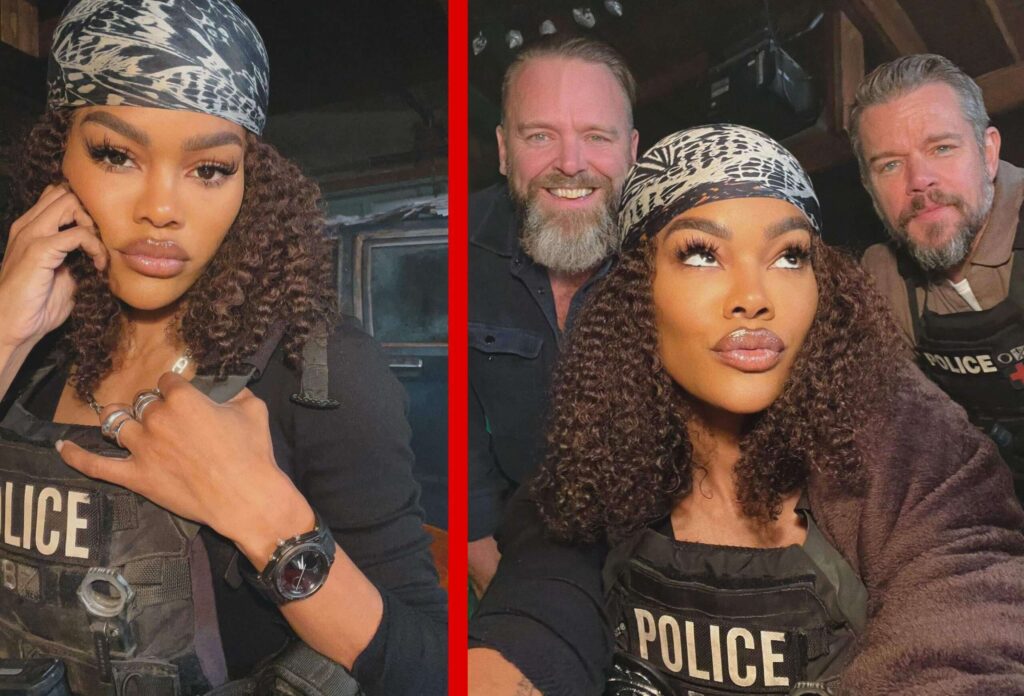 The Rip: Matt Damon e Ben Affleck estrelam thriller na Netflix em 2026 13 Teyana Taylor com traje policial nos bastidores de The Rip (Netflix)