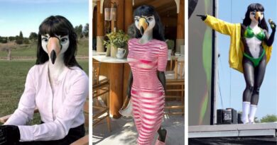 Tocanna boneca de IA pop, inspirada em tucano, bico alongado, figurino chamativo