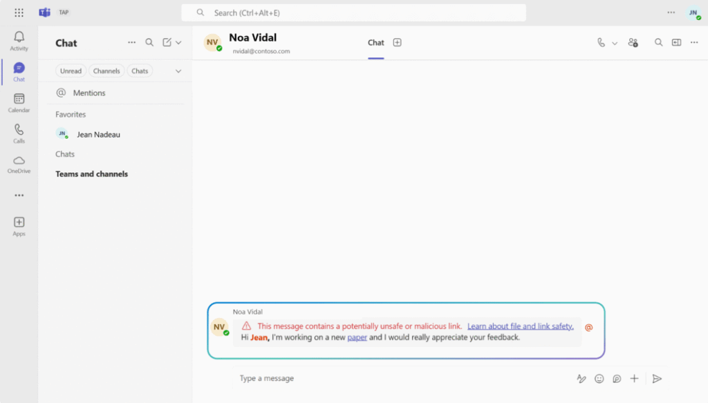 Microsoft Teams vai alertar sobre links suspeitos 5 Mensagem recebida no Teams com aviso de URL possivelmente maliciosa
