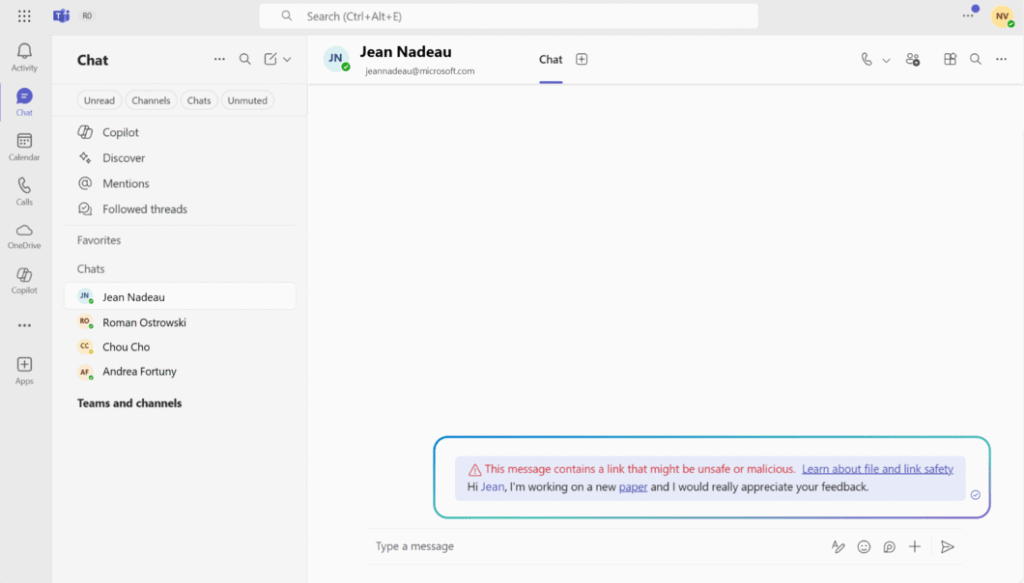 Microsoft Teams vai alertar sobre links suspeitos 4 Mensagem no Microsoft Teams com banner de alerta de link suspeito