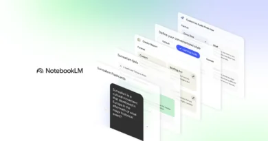 Mockup com cartões do NotebookLM exibindo flashcards e recursos de IA