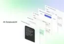 Mockup com cartões do NotebookLM exibindo flashcards e recursos de IA