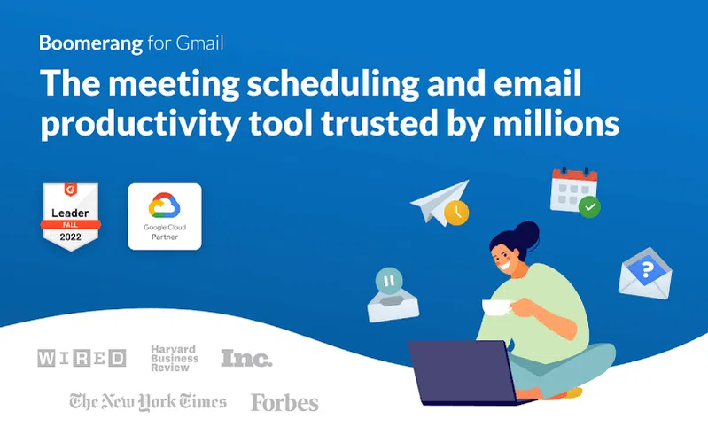 Extensões do Gmail: 5 add-ons para organizar o inbox 8 Banner do Boomerang para Gmail com laptop e ícones de e-mail e calendário; produtividade e reuniões